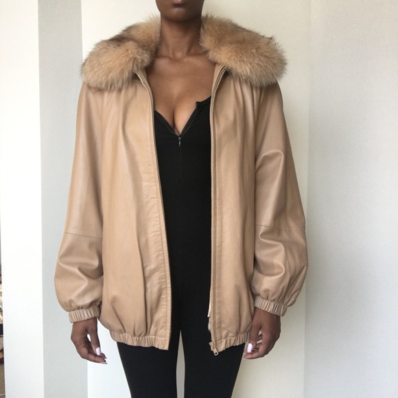 Fox Fur Collar Leather Jacket - Size S - Picture 2 of 6